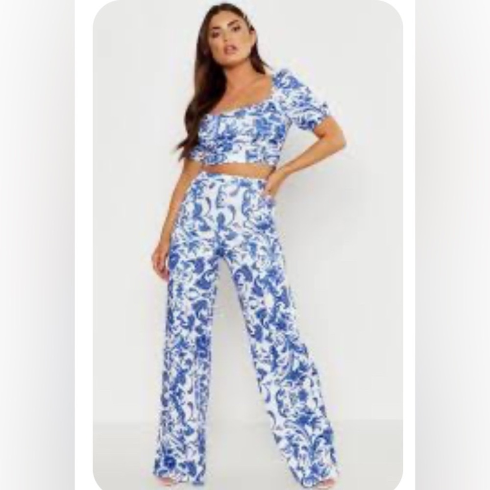 Boohoo Porcelain print wide leg trousers